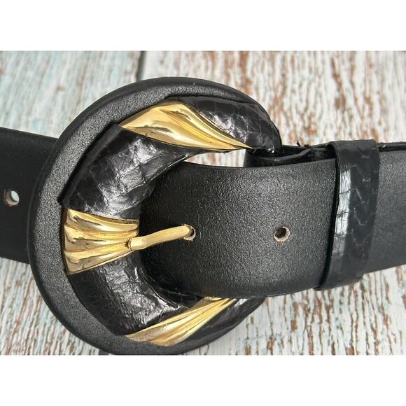Women's Vintage 1980 Black and Gold Tone Accent Buckle Belt L - Picture 1 of 14